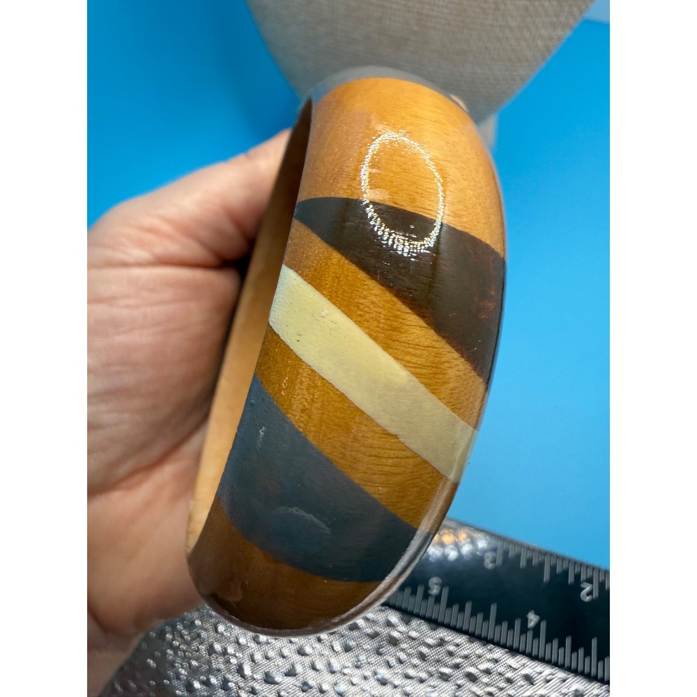 Vintage Wooden Bangle Bracelet Striped Geometric Boho Earth Tones Brown Gray - Picture 4 of 5